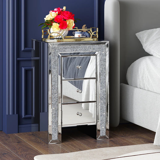 SHYFOY Crushed Diamond Mirrored Nightstand with 3 Drawers