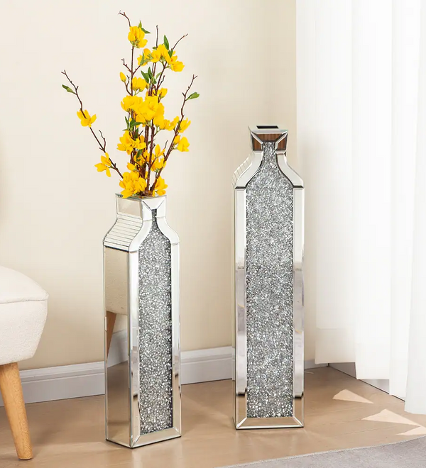 SHYFOY Tall Crushed Diamond Mirrored Floor Vases,Set of 2