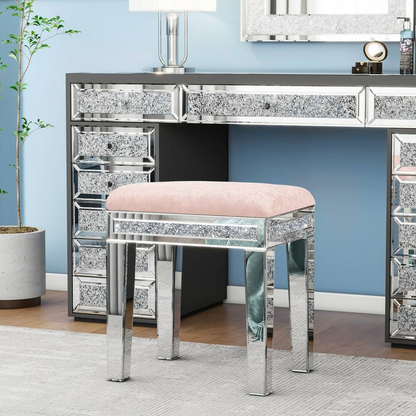 Taburete de Tocador Rosa con Espejo y Asiento Tapizado en Terciopelo