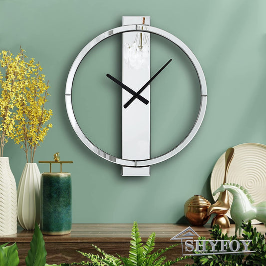 SHYFOY Wall Clock Decorative Large Clock Living Room Decor - 23" All Mirror Glass Finish Big Modern Clock for Wall Round Wall Decor for Office Bedroom