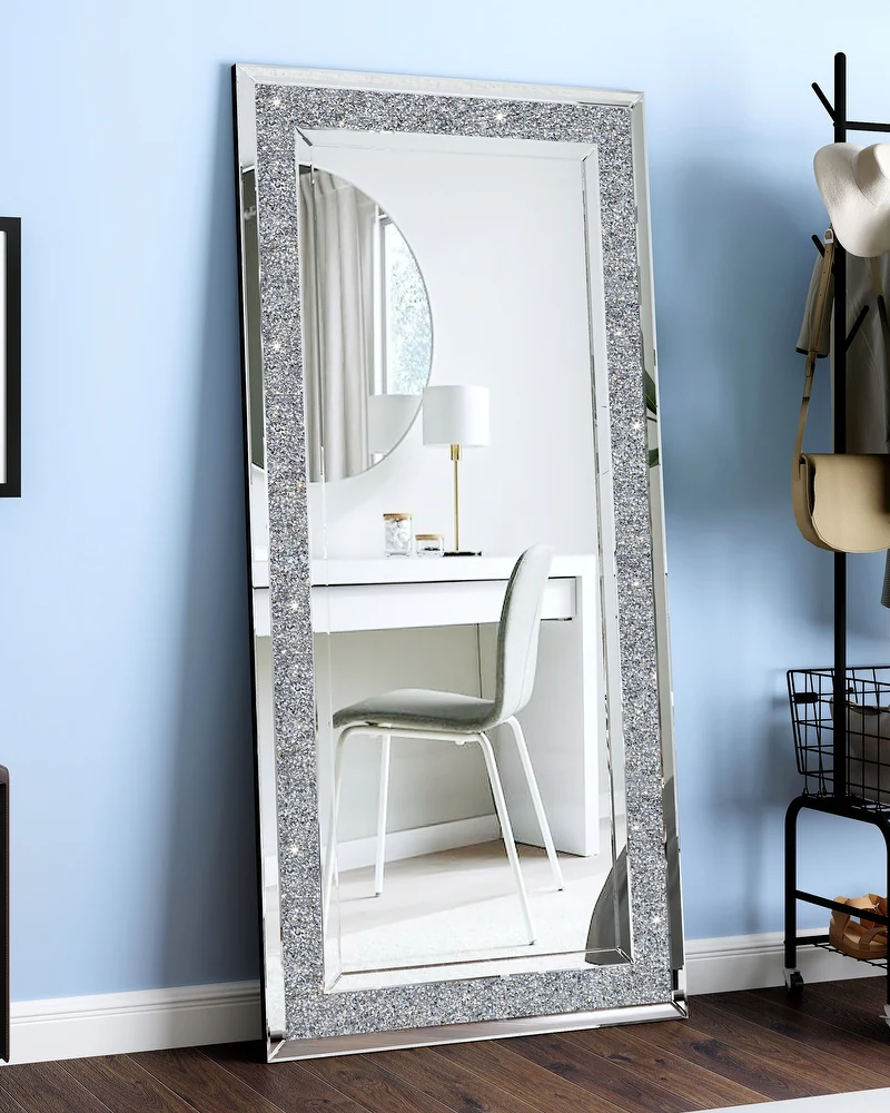 Floor Mirror, Glass Full Length Mirror with Crushed Diamond Frame