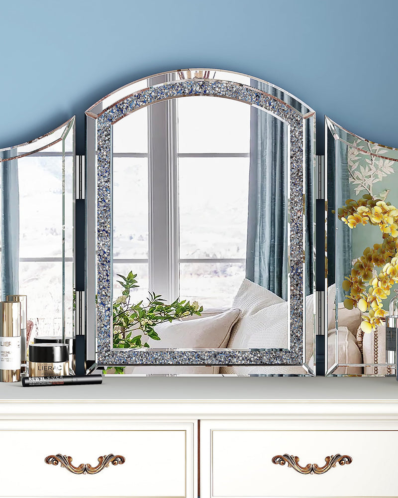SHYFOY Trifold Mirror Vanity-Crushed Diamond 3 Way Mirror Bedrooms