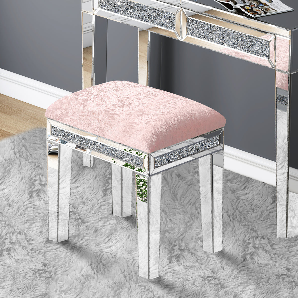 Taburete de Tocador Rosa con Espejo y Asiento Tapizado en Terciopelo