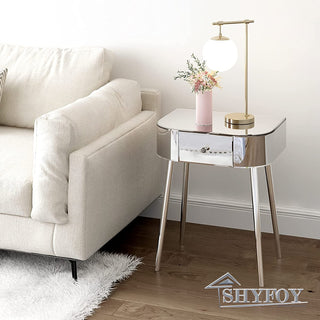 SHYFOY Modern Side Table Mirrored Table Top, 1 Drawer Silver Accent Table with Curved Corners / SF-ST123