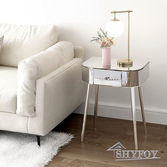 SHYFOY Modern Side Table Mirrored Table Top, 1 Drawer Silver Accent Table with Curved Corners / SF-ST123