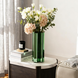 Green Glass Flower Vases for Home Decor, Living Room Table Kitchen Fireplace Decor