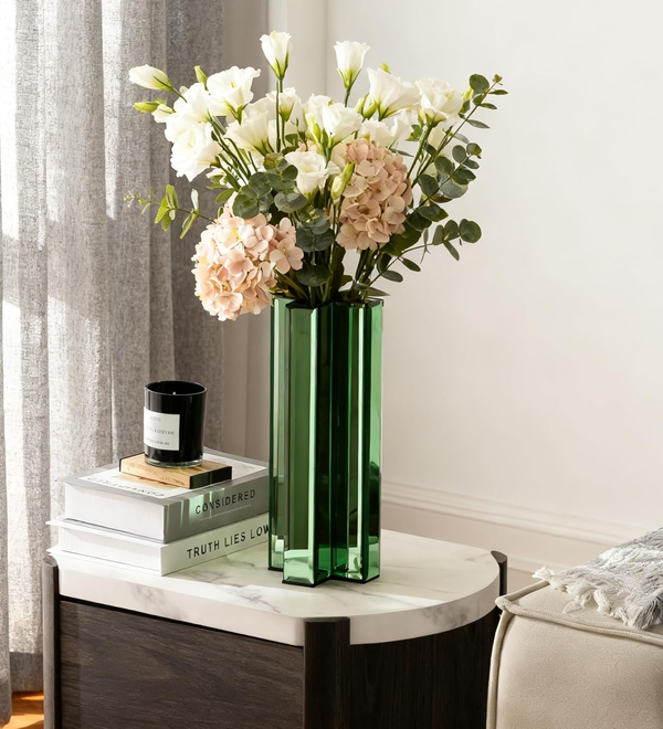 Green Glass Flower Vases for Home Decor, Living Room Decor