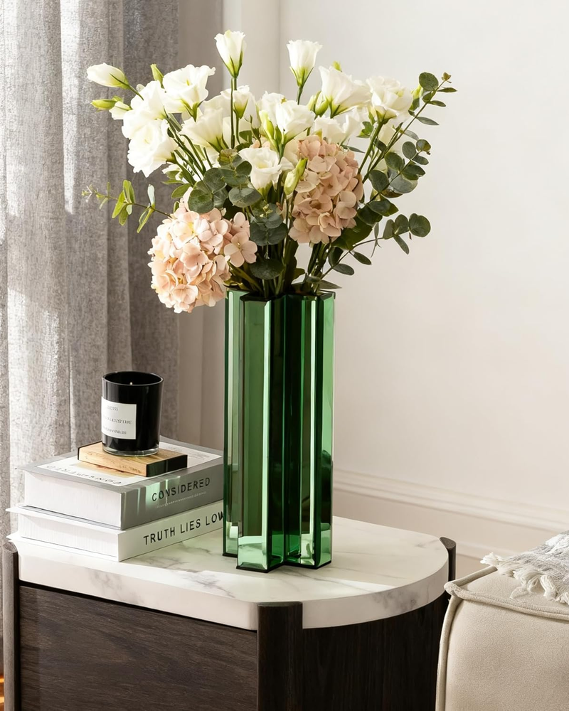 Green Glass Flower Vases for Home Decor, Living Room Decor