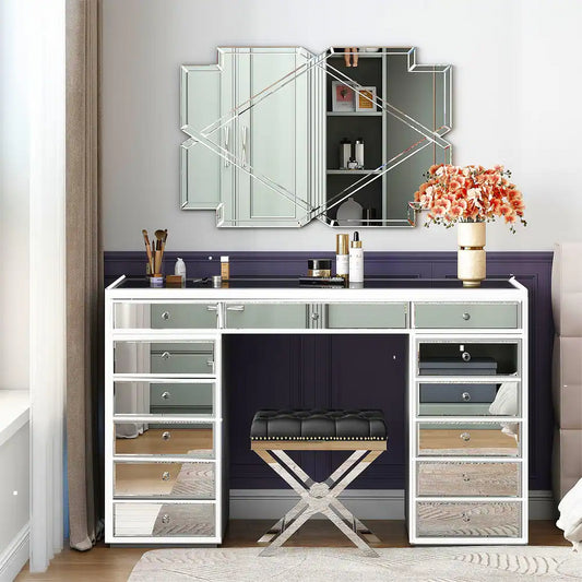Hollywood Modern Vanity Mirrored Dressing Makeup Table with 13-Drawer