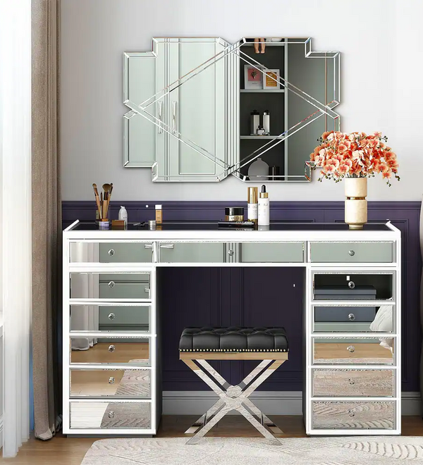 Hollywood Modern Vanity Mirrored Dressing Makeup Table with 13-Drawer