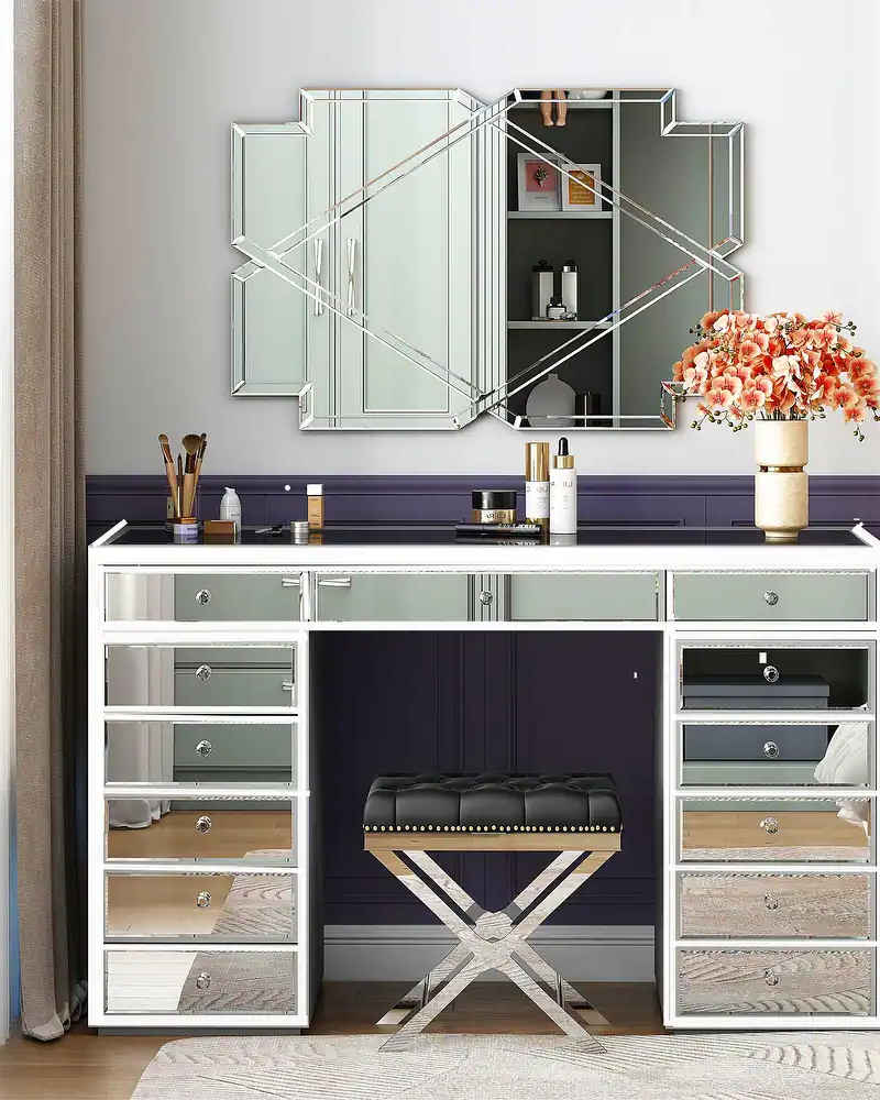 Hollywood Modern Vanity Mirrored Dressing Makeup Table with 13-Drawer