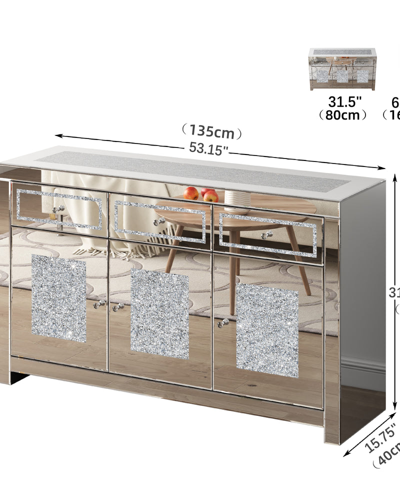 Glam Mirrored Diamond 3-Drawers Accent Cabinet Sideboard