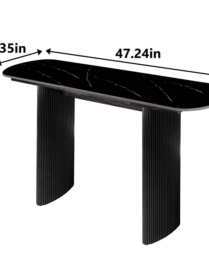 Black Marbled Wood Console Table Entryway Table with Fluted Base