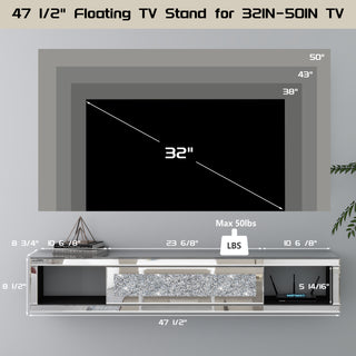 47 1/2" Mirrored Floating TV Shelf Crushed Diamonds Wall Mounted