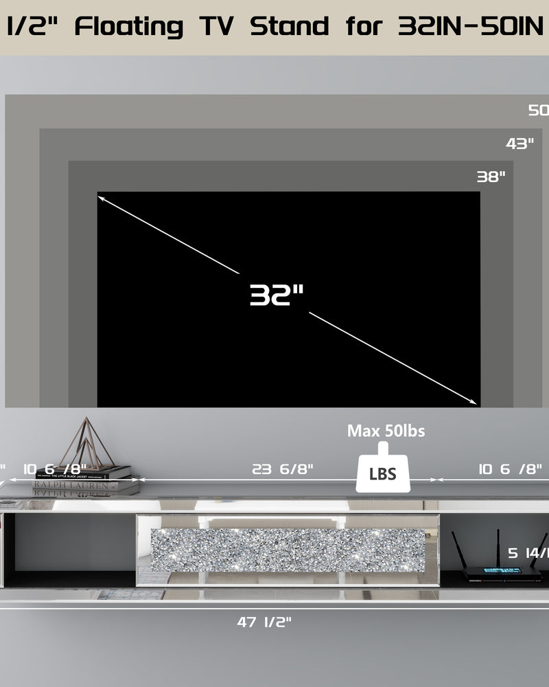 Mirrored Floating TV Shelf Crushed Diamonds Wall Mounted