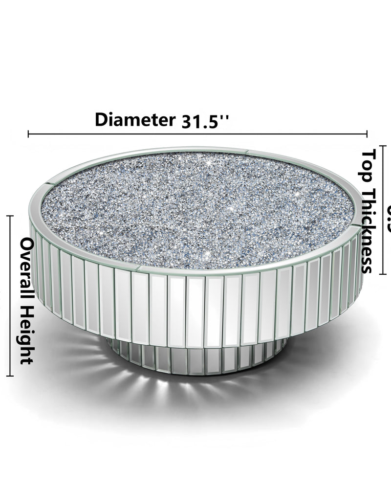 Mirrored Round Coffee Table Accent Table with Crushed Diamond
