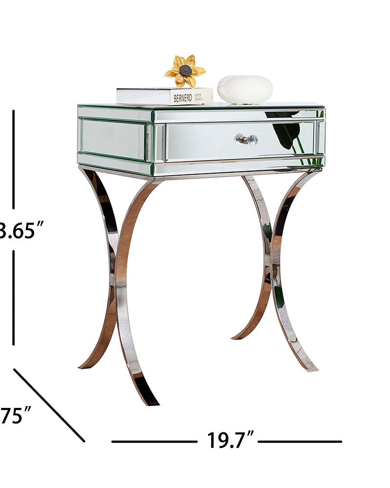 Mirrored Bedside Table with Stainless Steel,Silver Single Drawer Mirrored Night Table