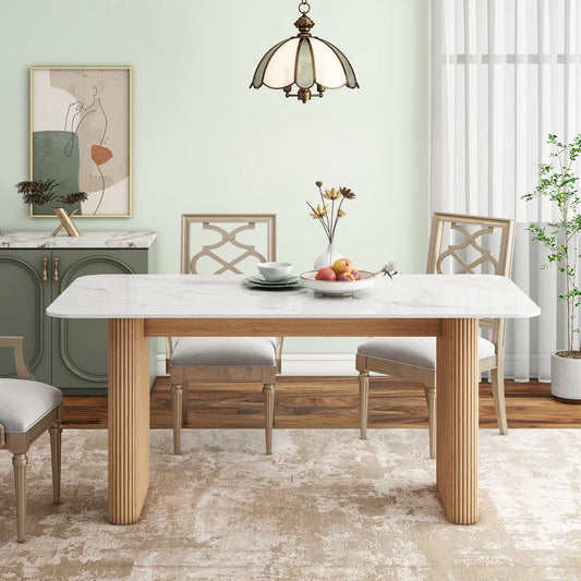 Marble Top Dining Table with Pedestal Grain Wood Base