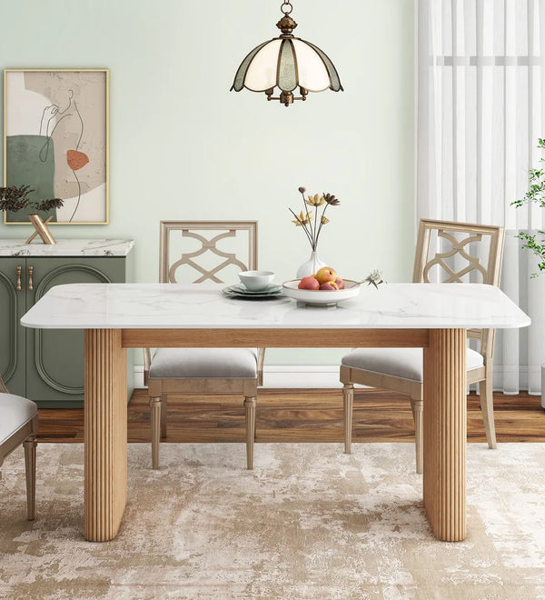 Marble Top Dining Table with Pedestal Grain Wood Base