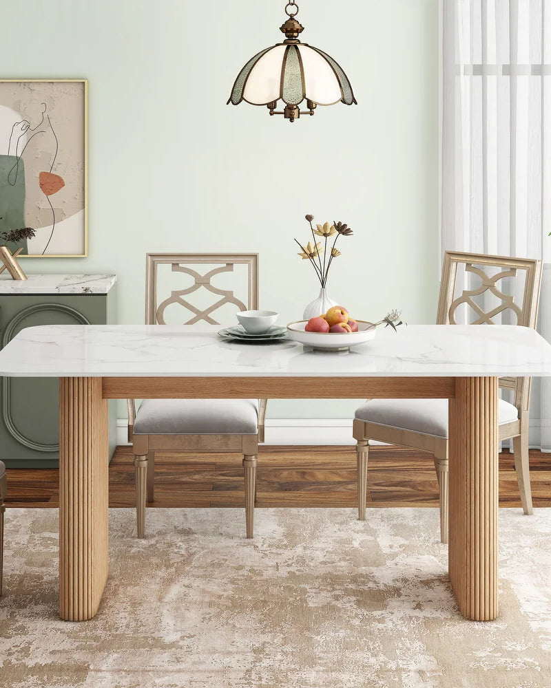 Marble Top Dining Table with Pedestal Grain Wood Base
