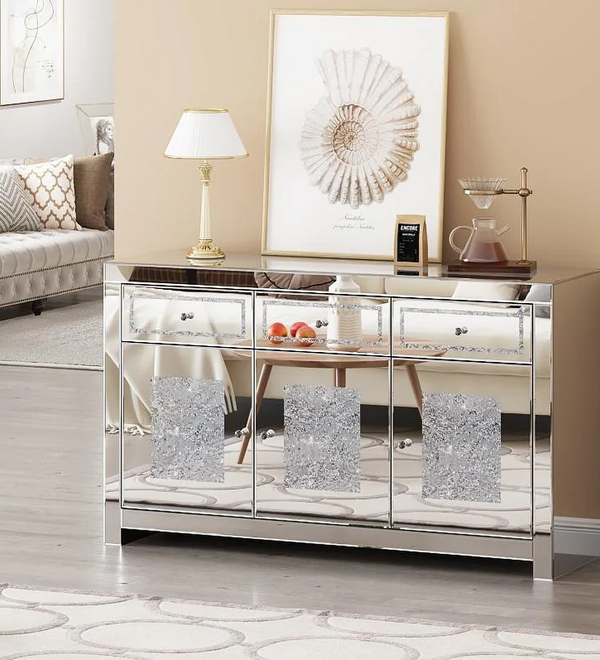 Glam Mirrored Diamond 3-Drawers Accent Cabinet Sideboard