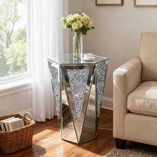 Hexagonal Mirror Top Crushed Diamond End Table