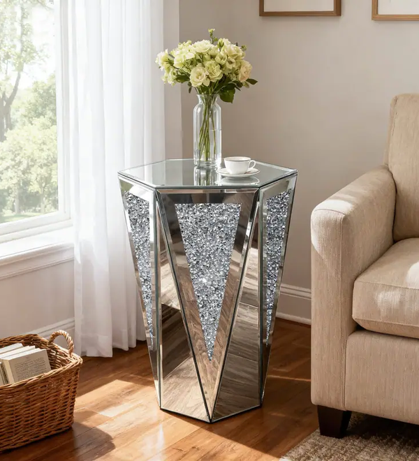 Hexagonal Mirror Top Crushed Diamond End Table