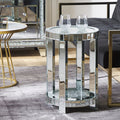 Mirrored End Table with Crystal Inlay, Round Modern Side Table Silver Accent Table
