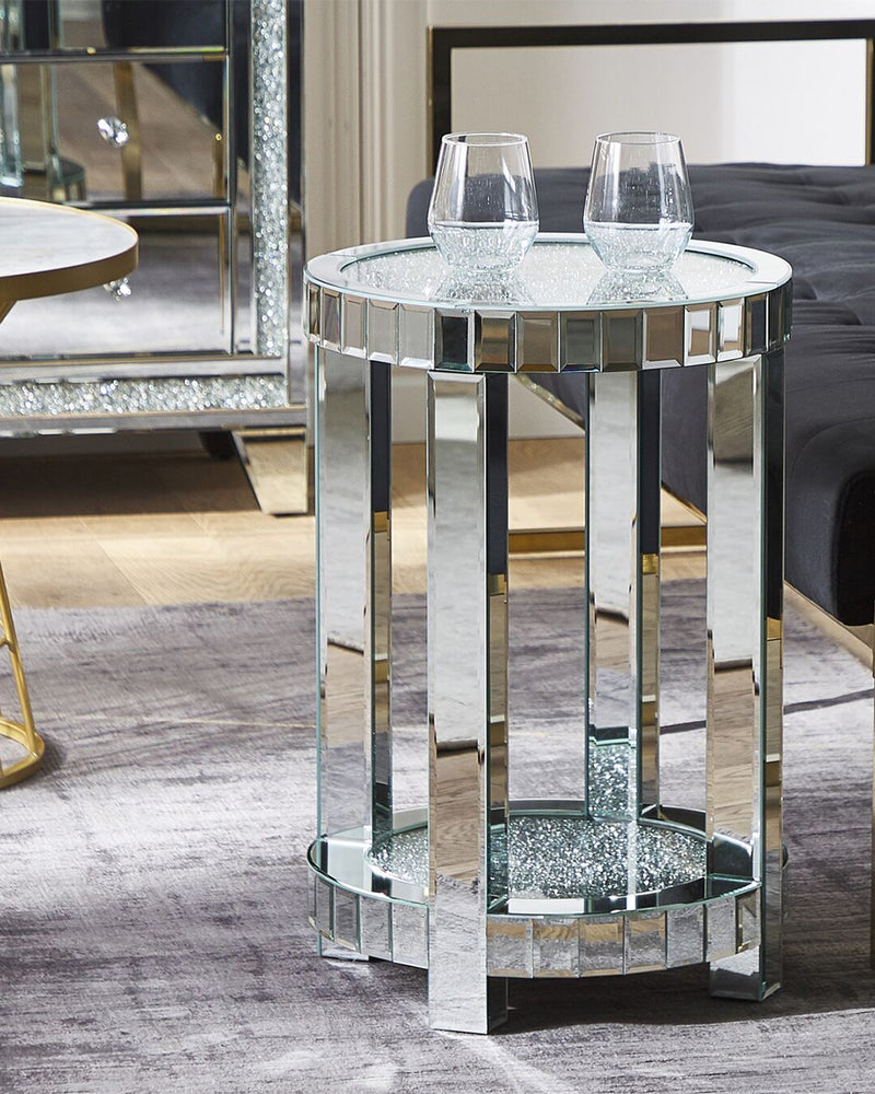 Mirrored End Table with Crystal Inlay, Round Modern Side Table Silver Accent Table