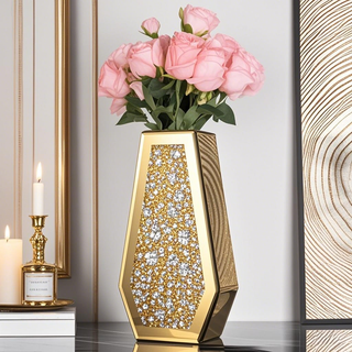 Glod  Crushed Diamond Vase Large Mirrored Flower Vases Home Decor