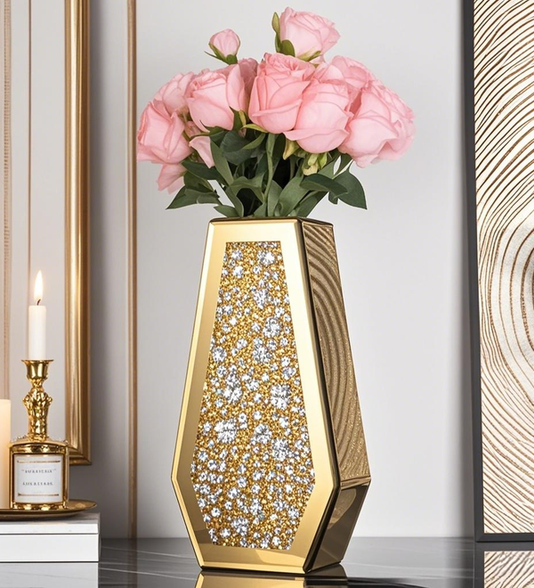 Glod  Crushed Diamond Vase Large Mirrored Flower Vases Home Decor