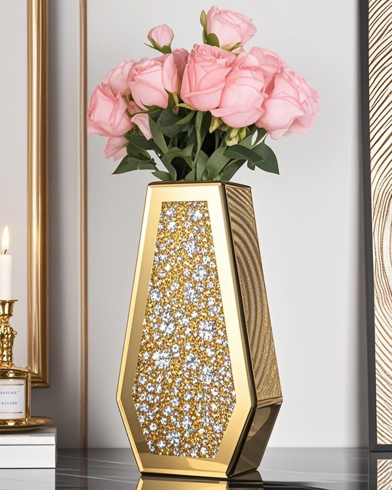 Glod  Crushed Diamond Vase Large Mirrored Flower Vases Home Decor