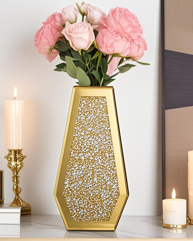 Glod  Crushed Diamond Vase Large Mirrored Flower Vases Home Decor
