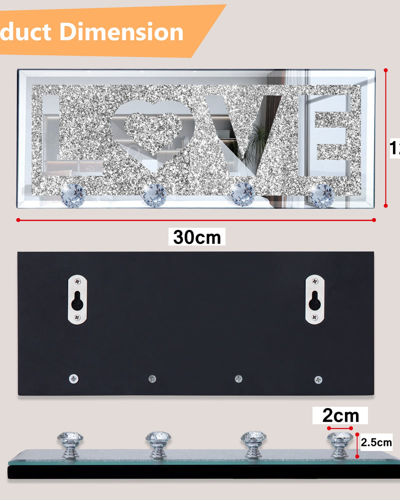 Mirrored Key Holder for Wall Decorative LOVE Letter Sign Plaque Key Hanger for Wall Decor with 4 Crystal Hooks