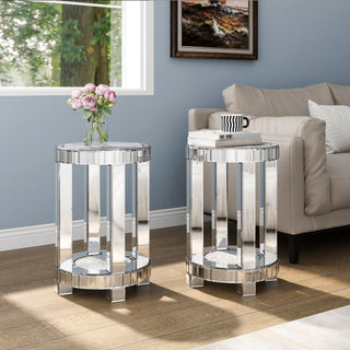 SHYFOY Mirrored End Table with Crystal Inlay, Round Modern Side Table Silver Accent Table