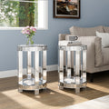 Mirrored End Table with Crystal Inlay, Round Modern Side Table Silver Accent Table