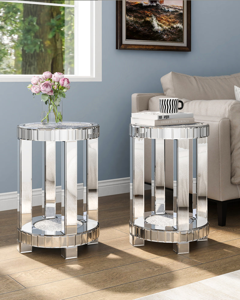 Mirrored End Table with Crystal Inlay, Round Modern Side Table Silver Accent Table