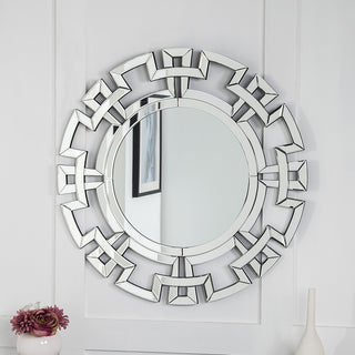 SHYFOY Large Geometric Accent Mirror, Modern Openwork Design, Round Mirror Silver Edge for Sitting room, Hallway