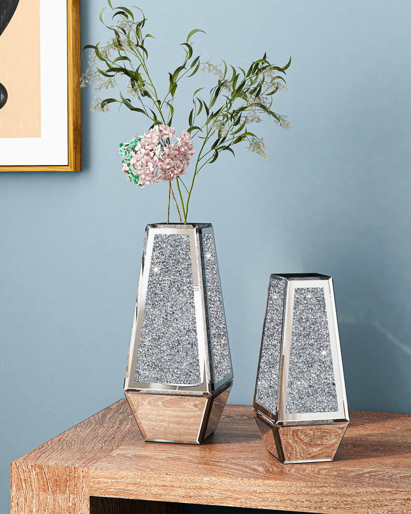 Crushed Diamond Mirrored Vases Set of 2, Silver Glass Flower Vases