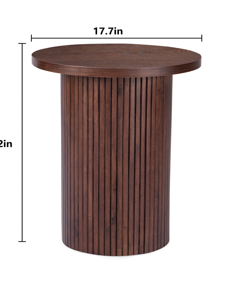 Walnut Round Wood End Table Fluted Pedestal Side Table