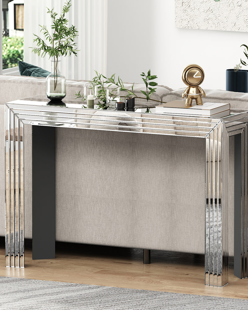 Silver Mirrored Console Table with Geometric Lines Design, Minimalist Glass Entryway Table